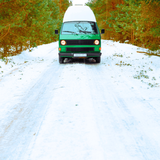 Bel Gamlin Counselling in Bradford on Avon. Counselling for overwhelm. Green Van on icy road